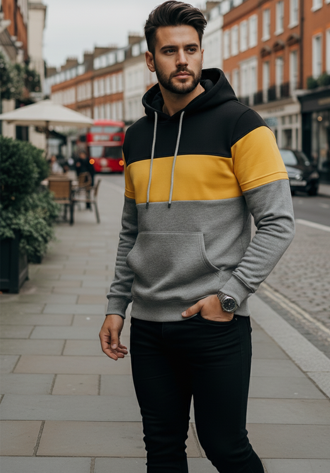 Bluza z Trójkolorowym Panelem | Kacper – Czarny / Żółty / Szary