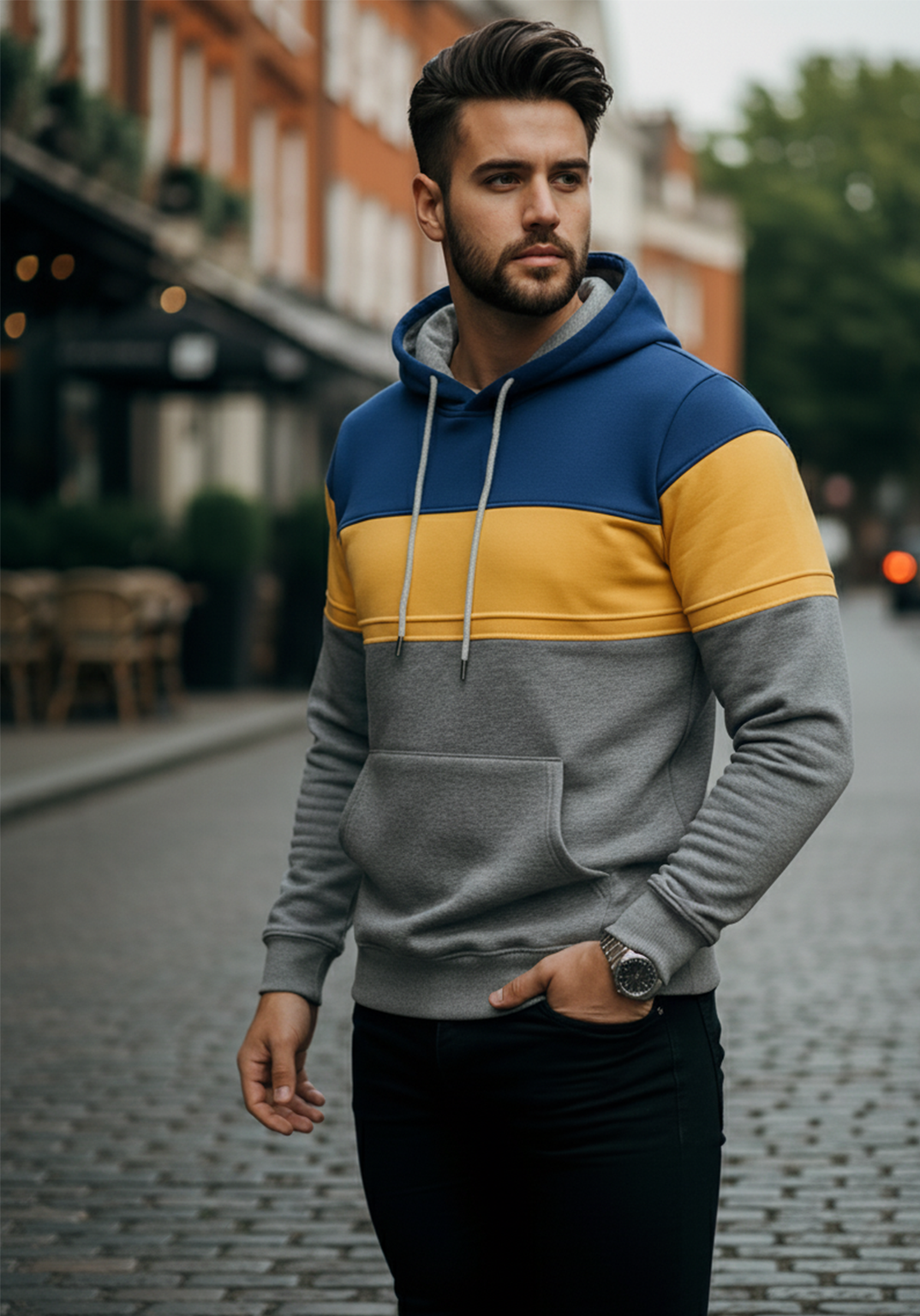 Bluza z Trójkolorowym Panelem | Marcel – Niebieski / Żółty / Jasnoszary