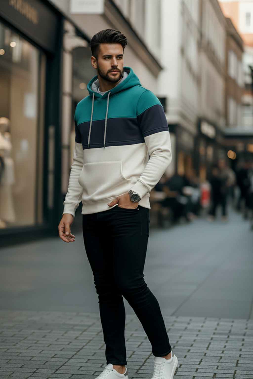 Bluza z Trójkolorowym Panelem | Oskar – Niebieskozielony / Granatowy / Biały