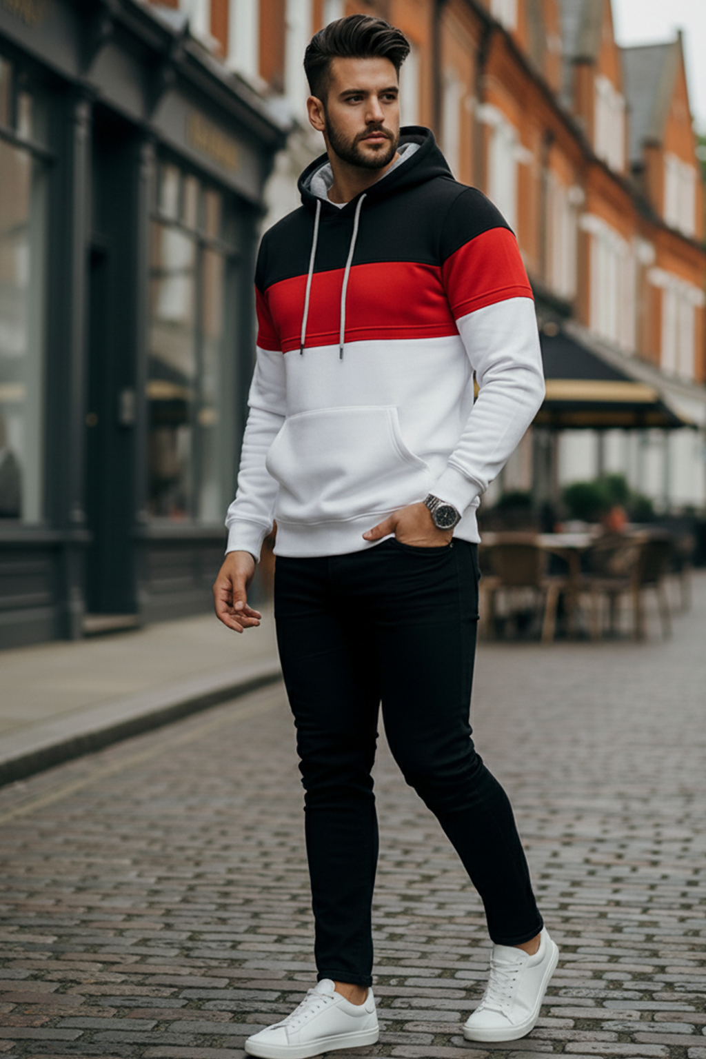 Bluza z Trójkolorowym Panelem | Adrian – Czarny / Czerwony / Biały