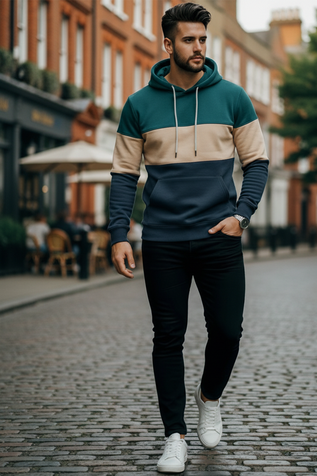 Bluza z Trójkolorowym Panelem | Szymon – Niebieskozielony / Kremowy / Granatowy