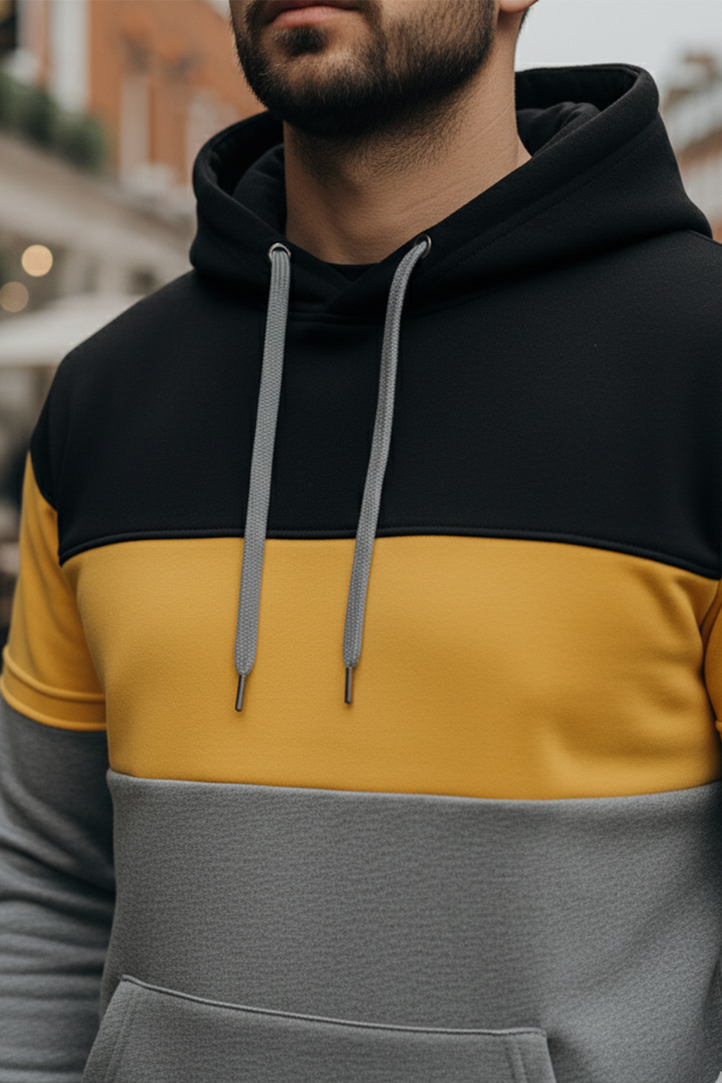 Bluza z Trójkolorowym Panelem | Kacper – Czarny / Żółty / Szary