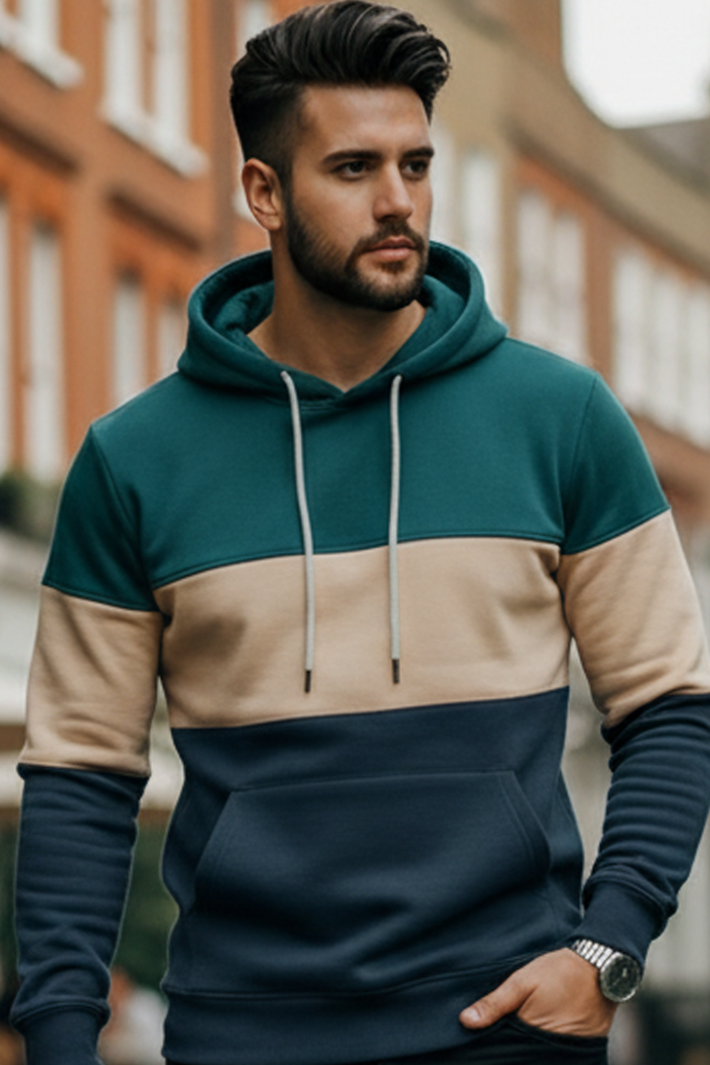 Bluza z Trójkolorowym Panelem | Szymon – Niebieskozielony / Kremowy / Granatowy