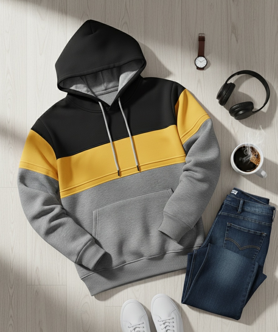 Bluza z Trójkolorowym Panelem | Kacper – Czarny / Żółty / Szary