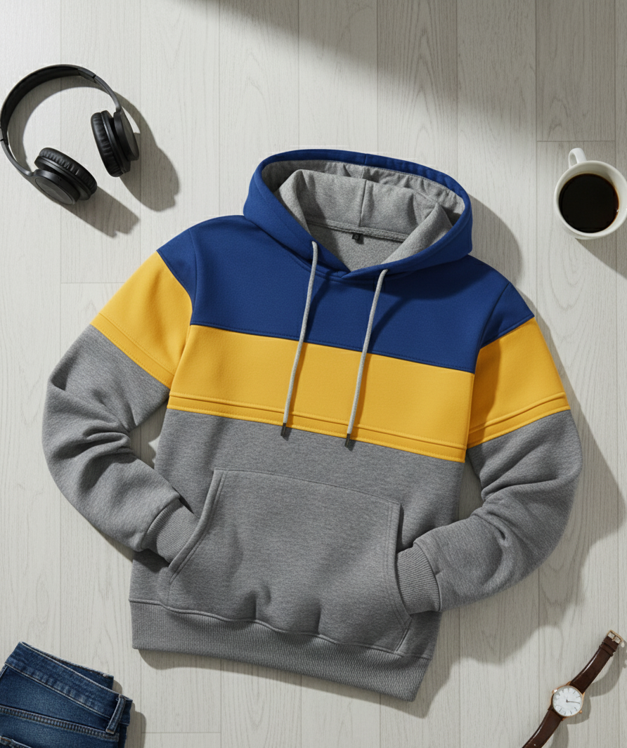 Bluza z Trójkolorowym Panelem | Marcel – Niebieski / Żółty / Jasnoszary