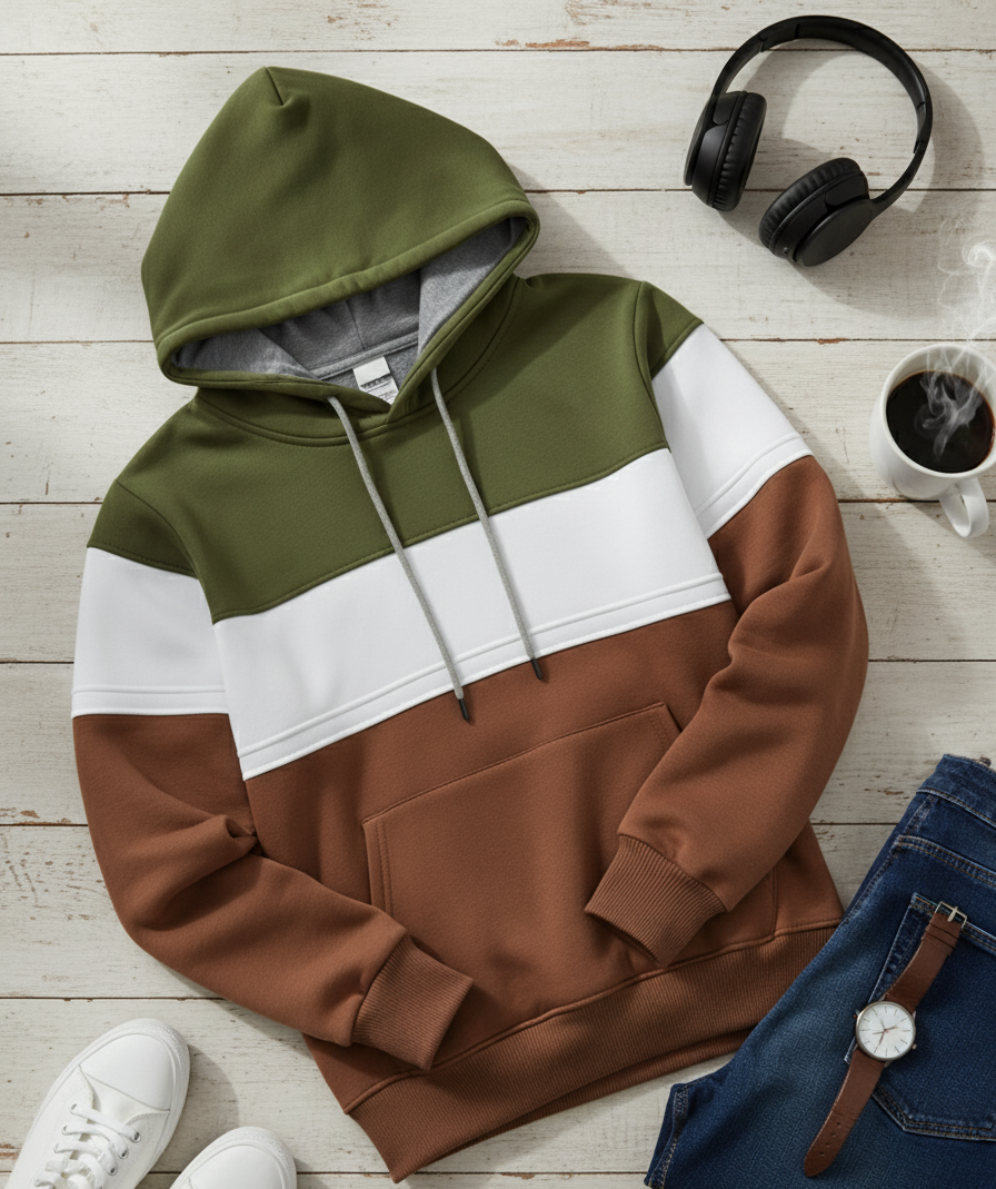 Bluza z Trójkolorowym Panelem | Tobiasz – Oliwkowy / Biały / Brązowy