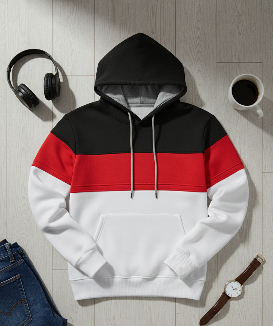 Bluza z Trójkolorowym Panelem | Adrian – Czarny / Czerwony / Biały