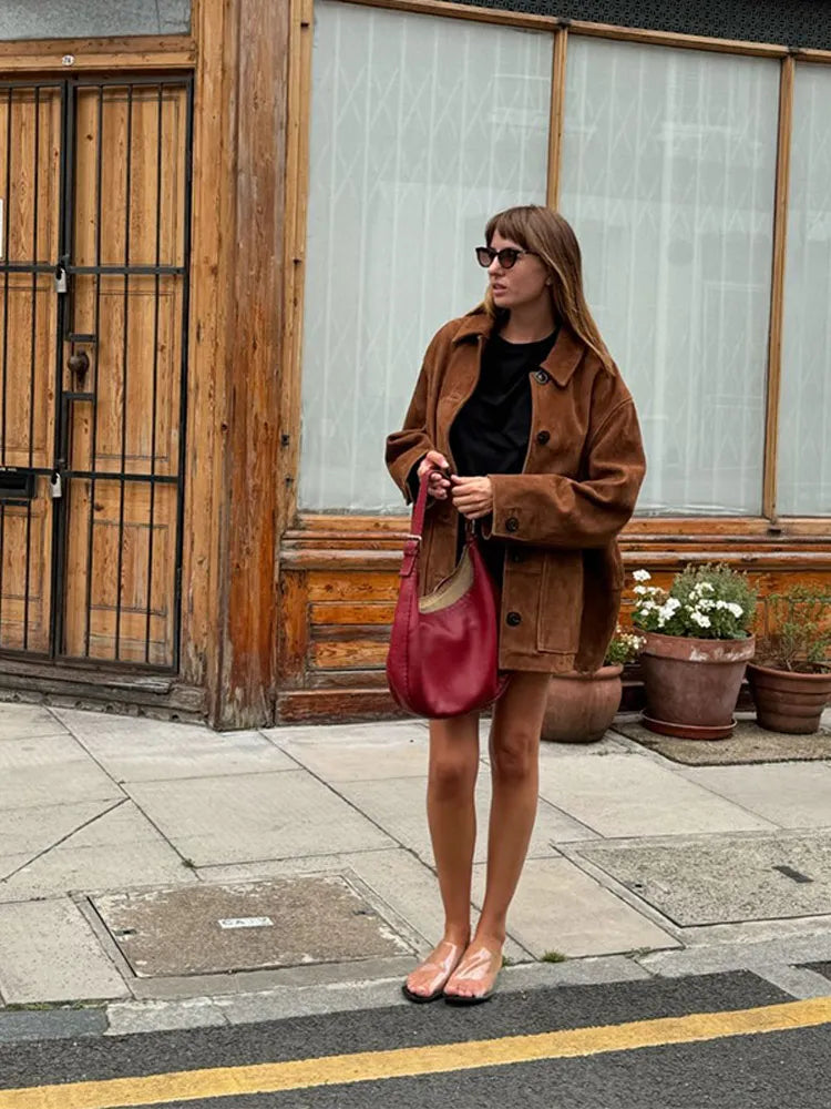 Clara – kurtka kaszmir damska zamszowa oversize z kieszeniami