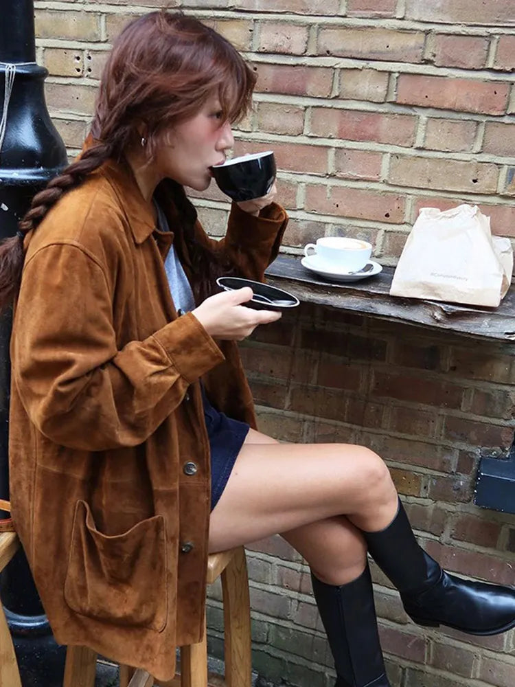 Clara – kurtka kaszmir damska zamszowa oversize z kieszeniami