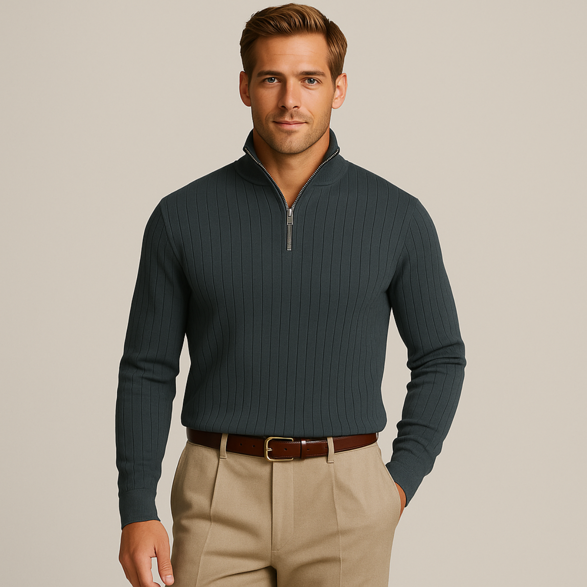 Sweter Męski Ashford Ribbed Half Zip | Klasyczny Półgolf z Zamkiem