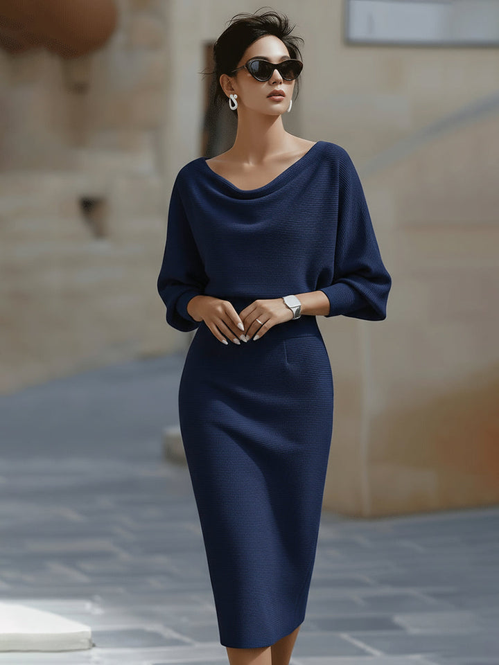 Damska Sukienka Midi Bodycon | Okrągły Dekolt Luźny Rękaw