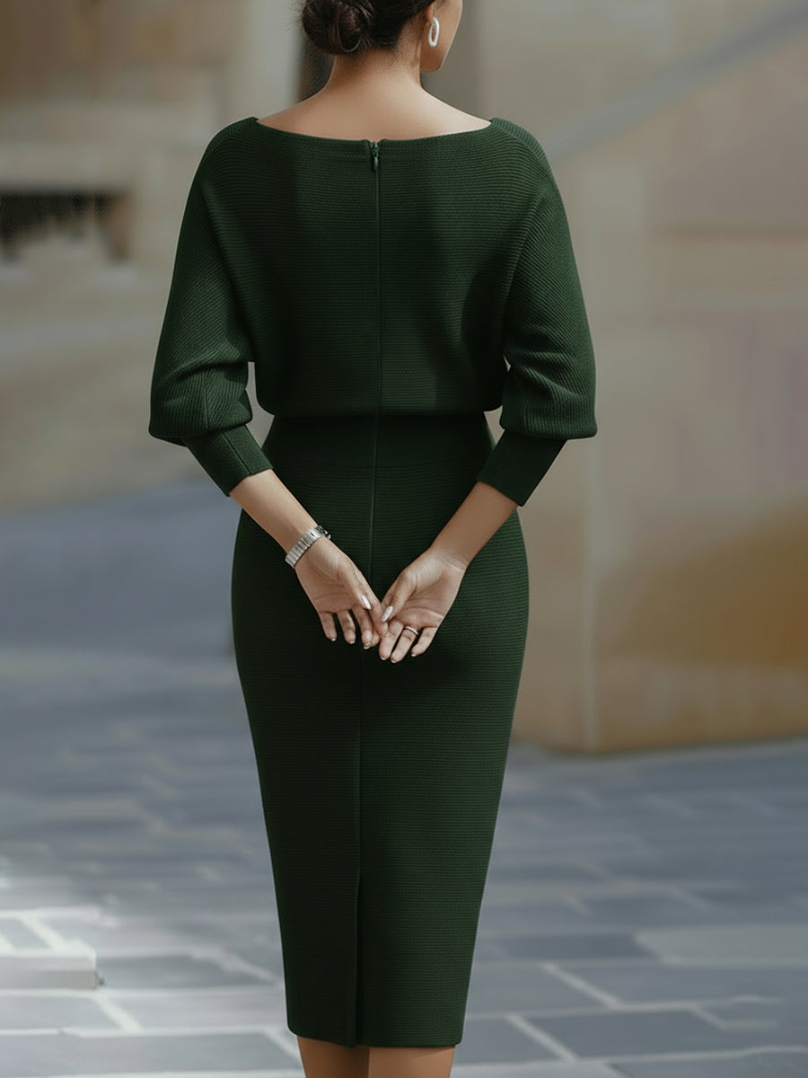 Damska Sukienka Midi Bodycon | Okrągły Dekolt Luźny Rękaw