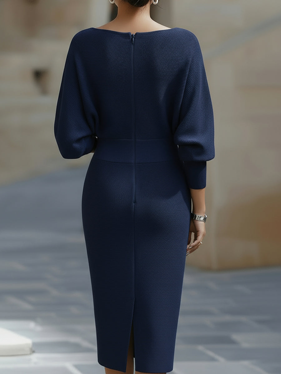 Damska Sukienka Midi Bodycon | Okrągły Dekolt Luźny Rękaw