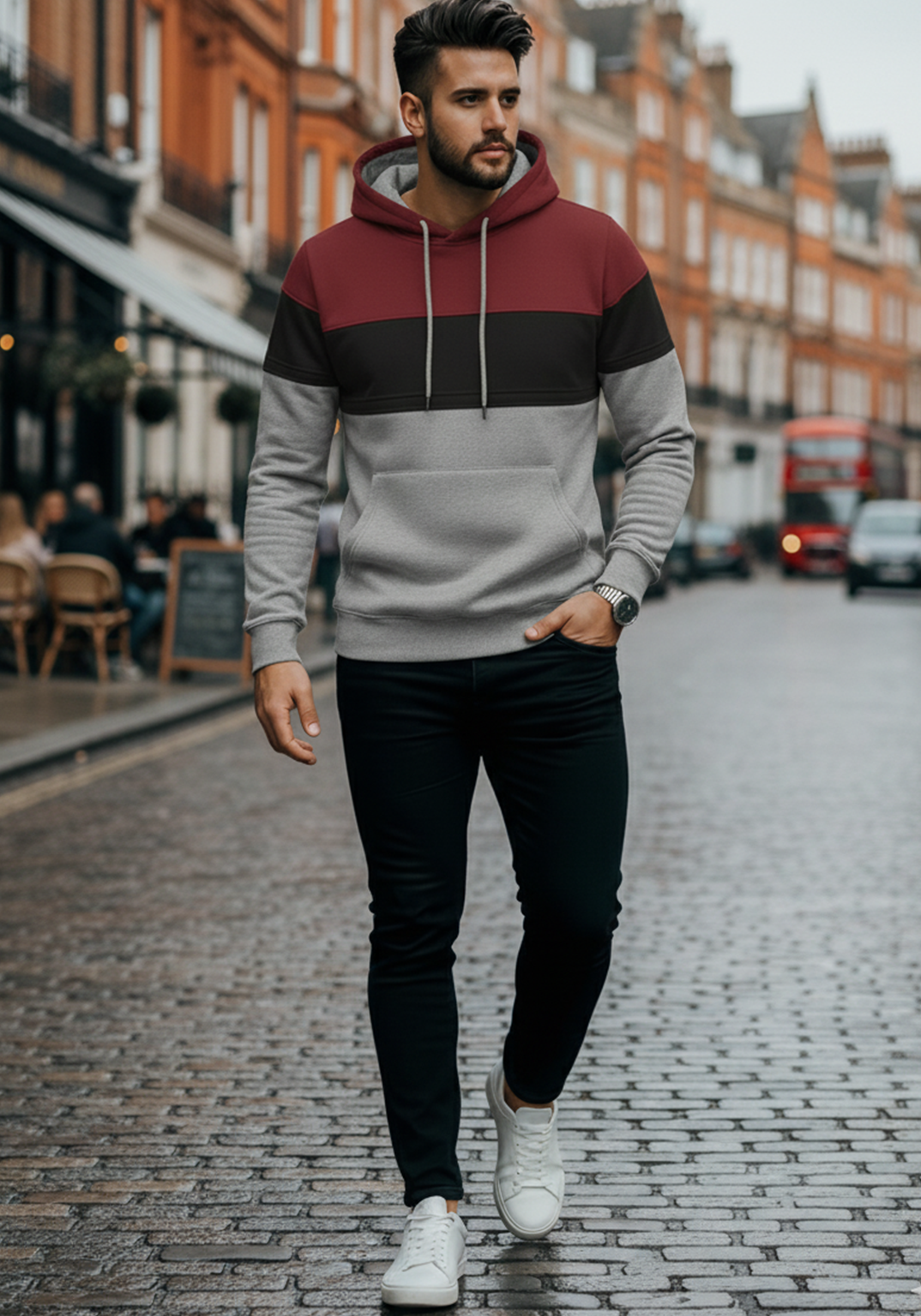 Bluza z Trójkolorowym Panelem | Patryk – Burgundowy / Czarny / Jasnoszary