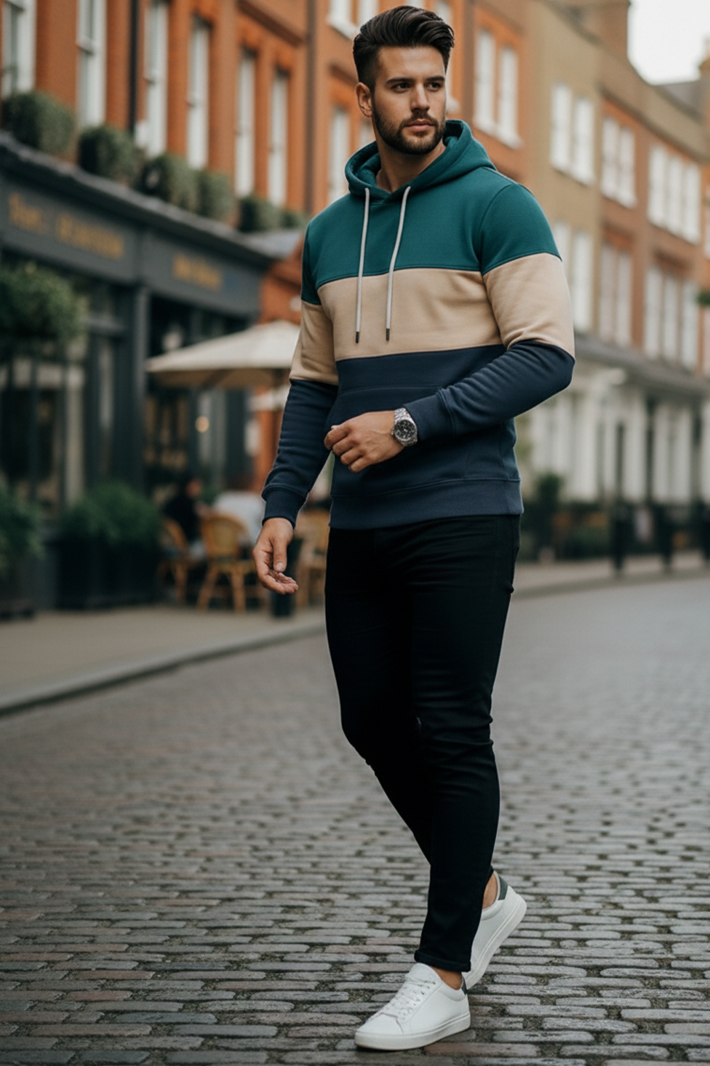 Bluza z Trójkolorowym Panelem | Szymon – Niebieskozielony / Kremowy / Granatowy