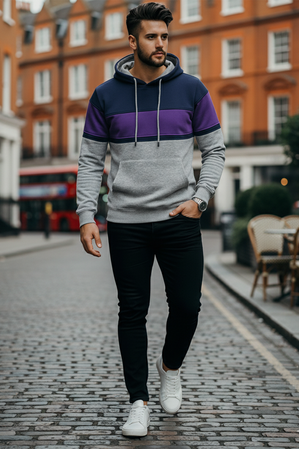 Bluza z Trójkolorowym Panelem | Leon – Granatowy / Fioletowy / Jasnoszary