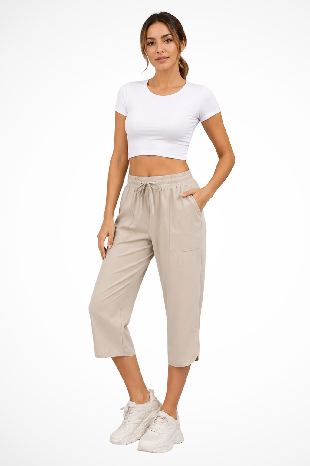 Damskie Szerokie Spodnie Cropped Z Elastyczną Talią