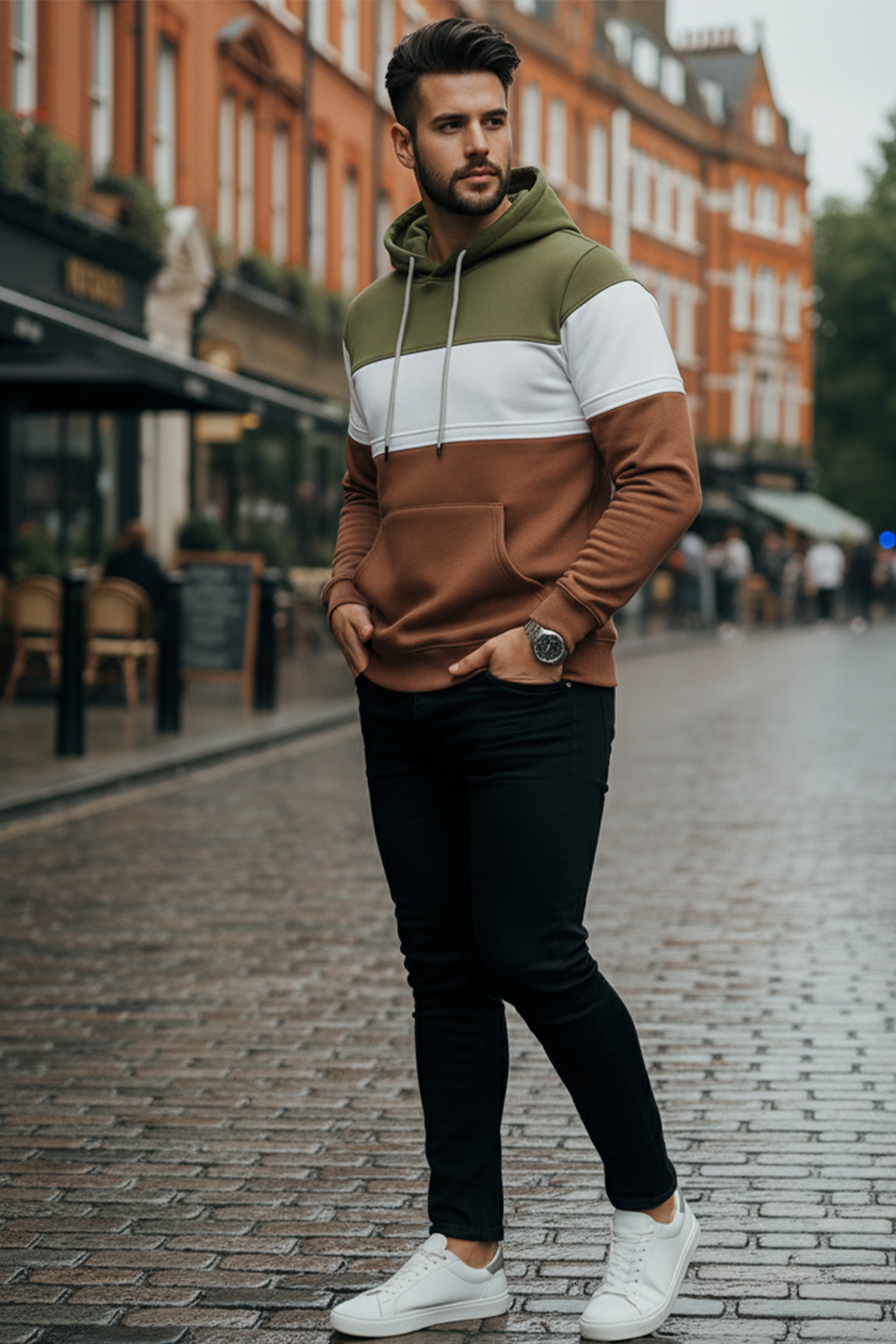 Bluza z Trójkolorowym Panelem | Tobiasz – Oliwkowy / Biały / Brązowy