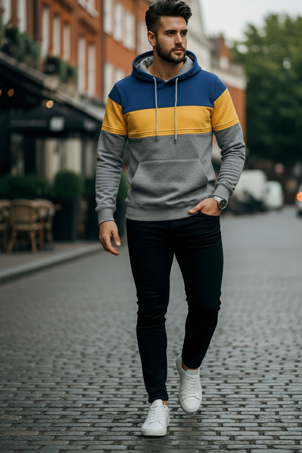 Bluza z Trójkolorowym Panelem | Marcel – Niebieski / Żółty / Jasnoszary