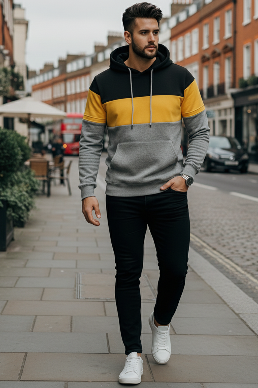 Bluza z Trójkolorowym Panelem | Kacper – Czarny / Żółty / Szary