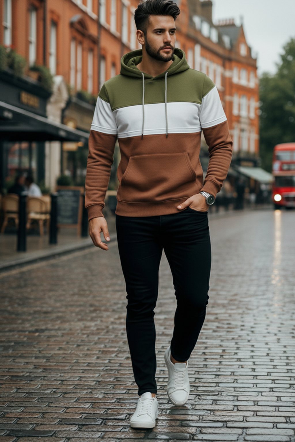 Bluza z Trójkolorowym Panelem | Tobiasz – Oliwkowy / Biały / Brązowy