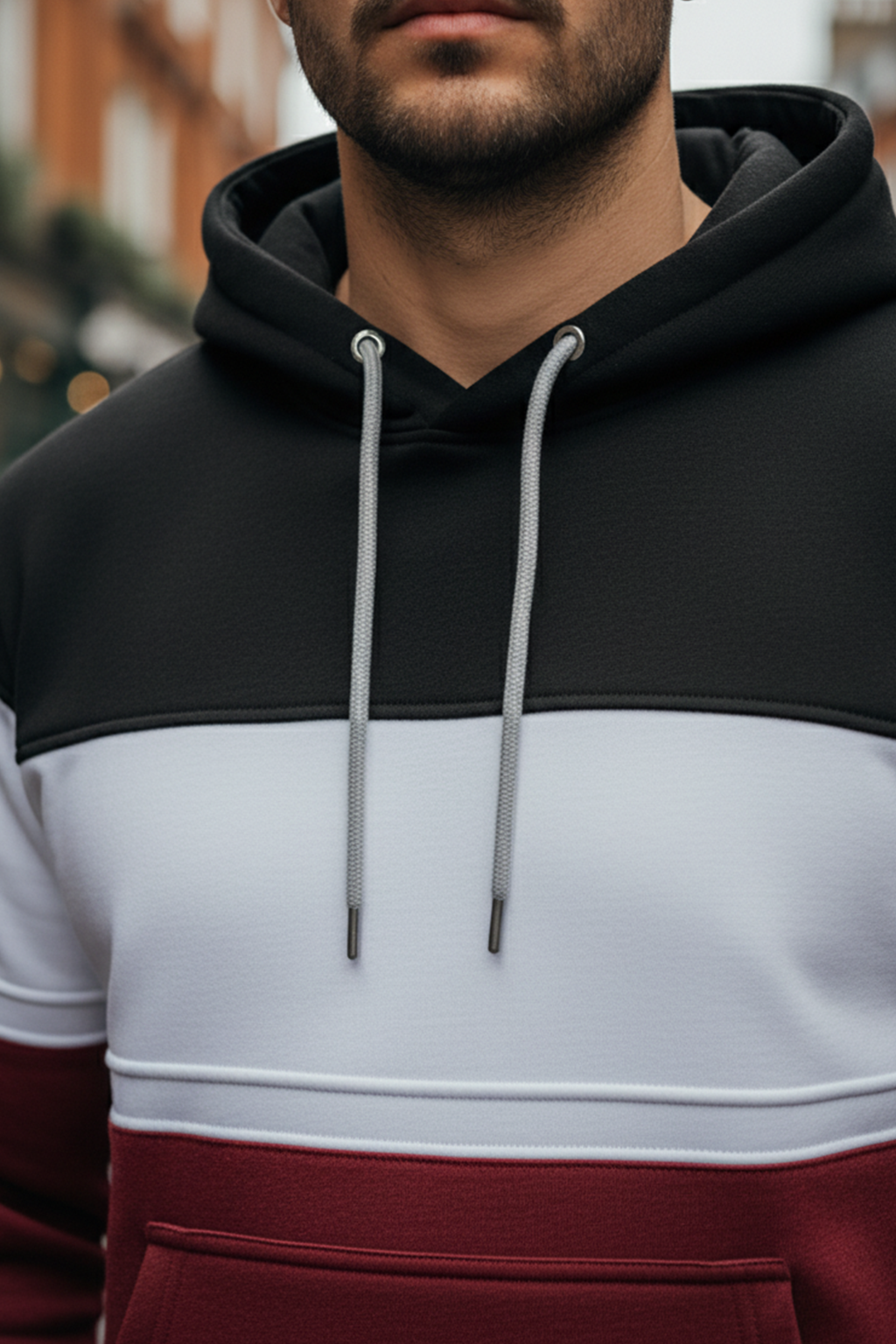 Bluza z Trójkolorowym Panelem | Damian – Czarny / Biały / Bordowy