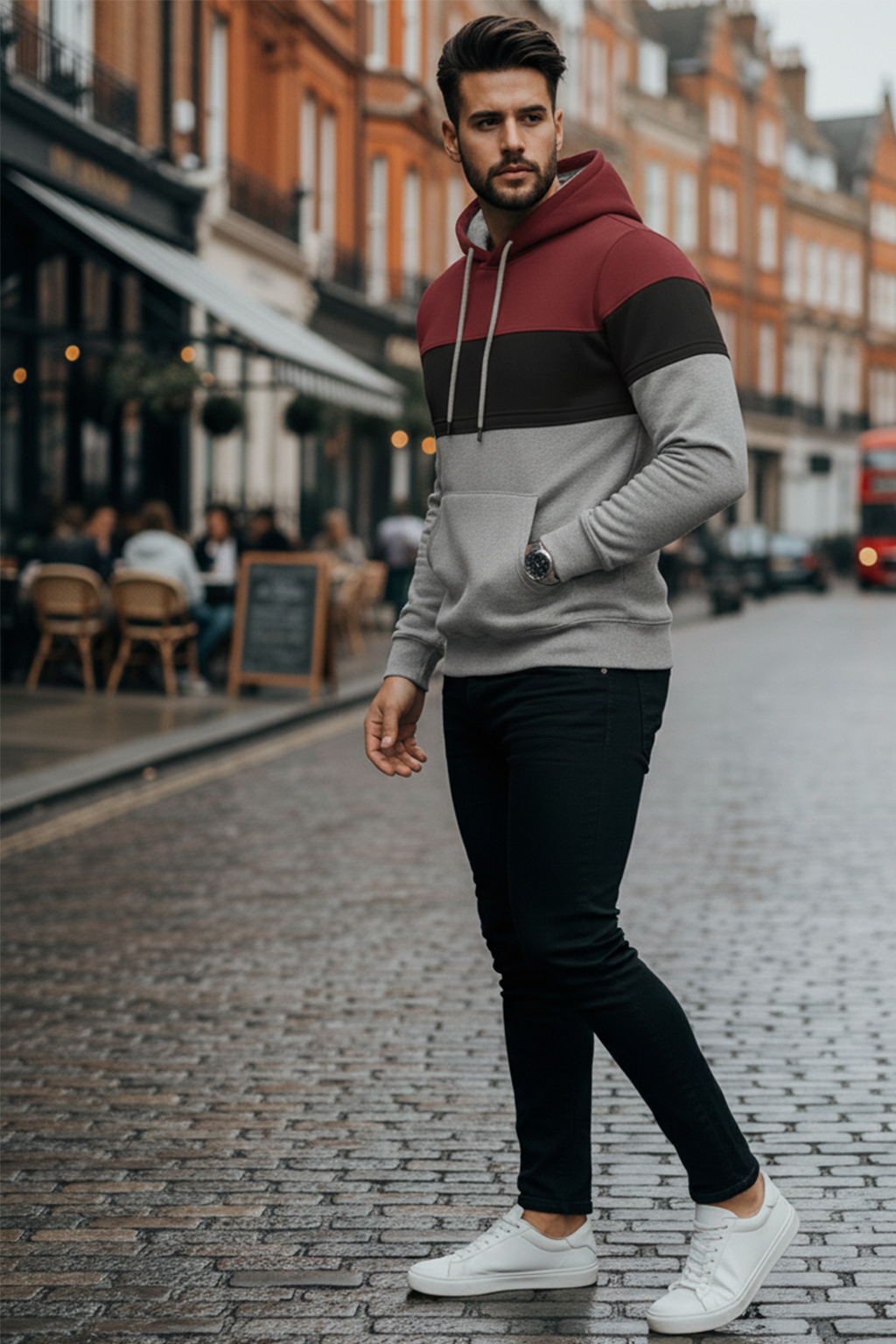 Bluza z Trójkolorowym Panelem | Patryk – Burgundowy / Czarny / Jasnoszary