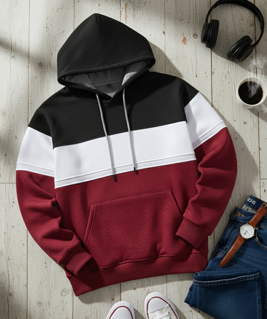 Bluza z Trójkolorowym Panelem | Damian – Czarny / Biały / Bordowy