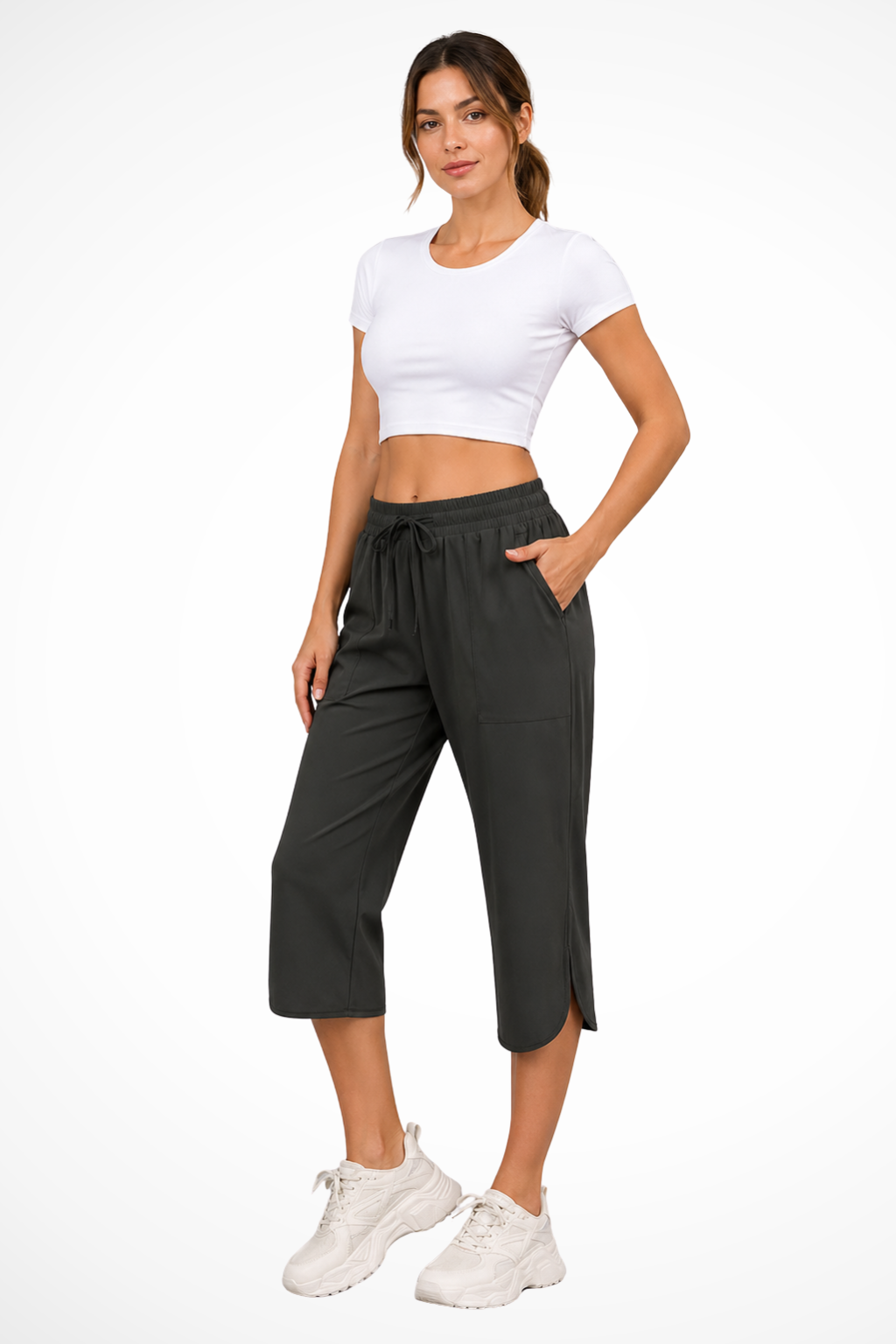 Damskie Szerokie Spodnie Cropped Z Elastyczną Talią