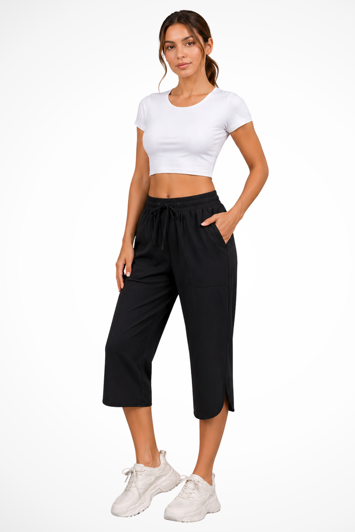 Damskie Szerokie Spodnie Cropped Z Elastyczną Talią