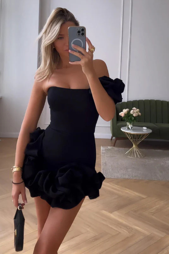 Damska Sukienka Mini Na Wesele Z Jednym Ramiączkiem I Falbaną