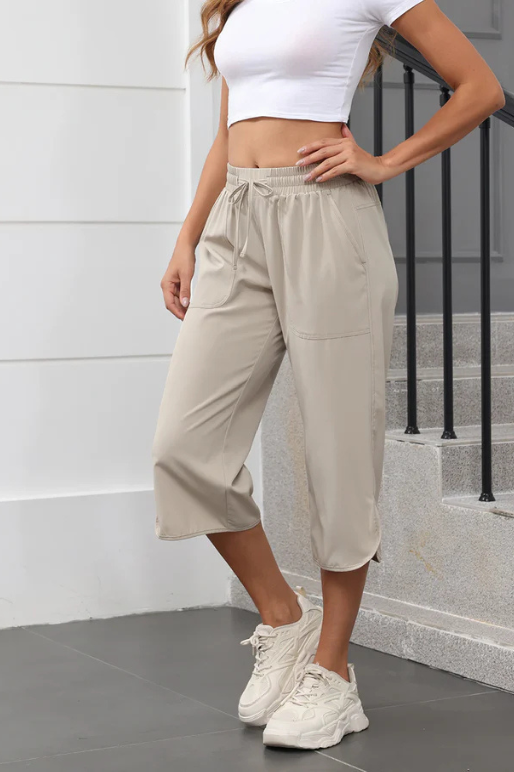 Damskie Szerokie Spodnie Cropped Z Elastyczną Talią