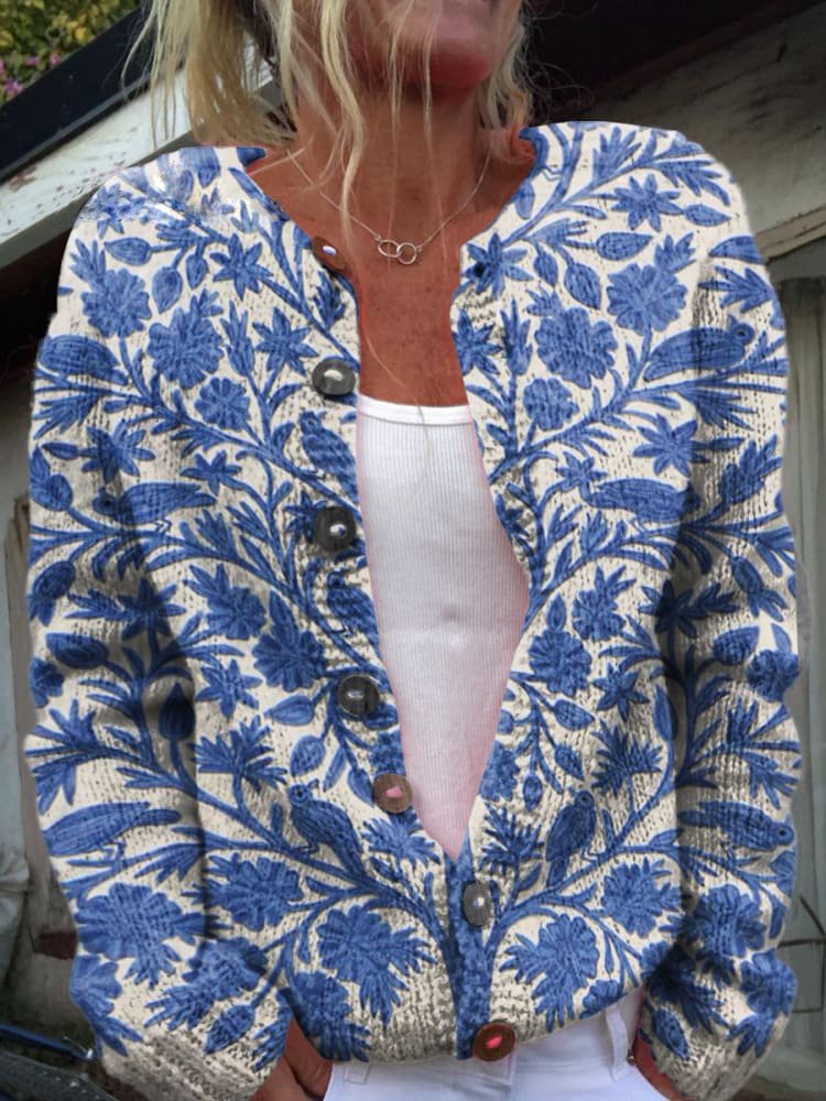 Kardigan Damski na Guziki | Haft Kwiatowy i Długie Rękawy