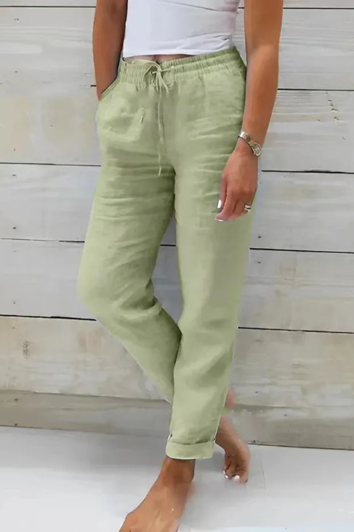Damskie Lniane Spodnie Cropped Z Prostą Nogawką I Sznurkiem W Pasie