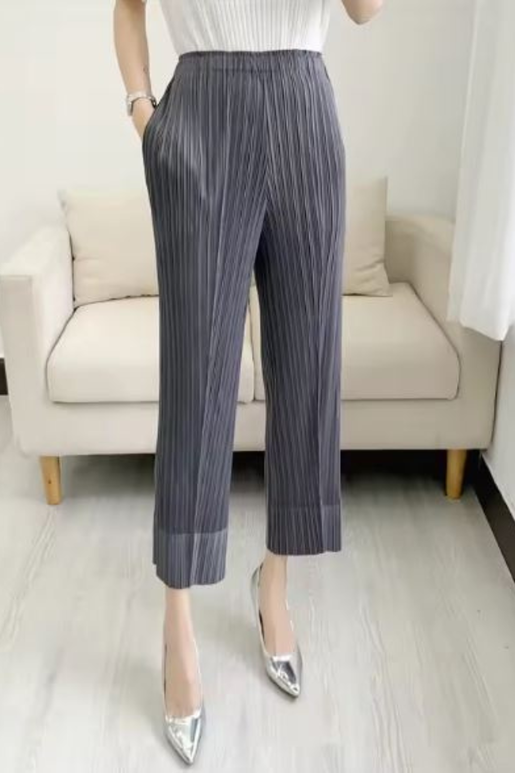 Damskie Geplooide Szerokie Spodnie Cropped Z Elastyczną Talią