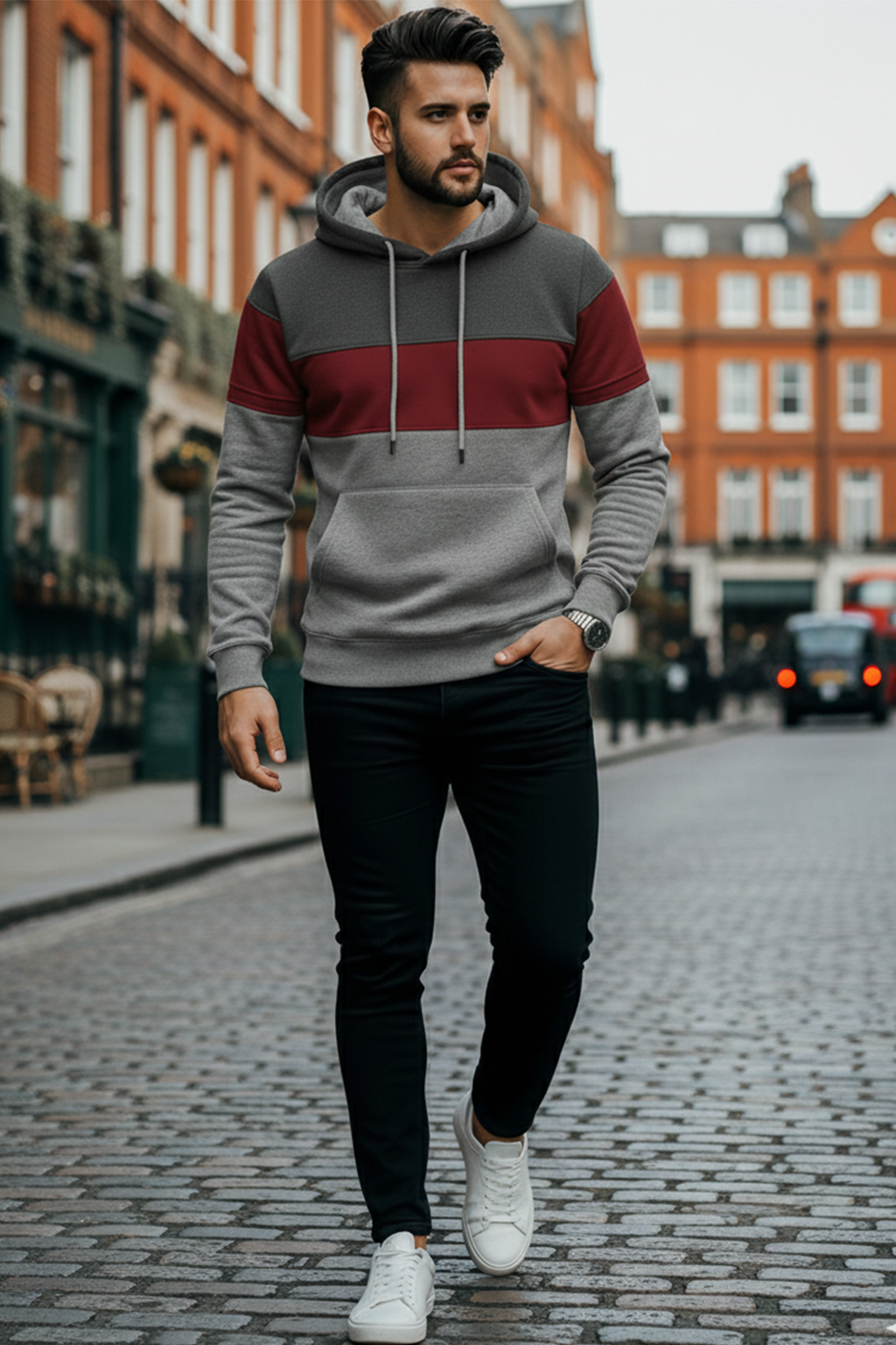Bluza z Trójkolorowym Panelem | Fabian – Ciemnoszary / Bordowy / Jasnoszary