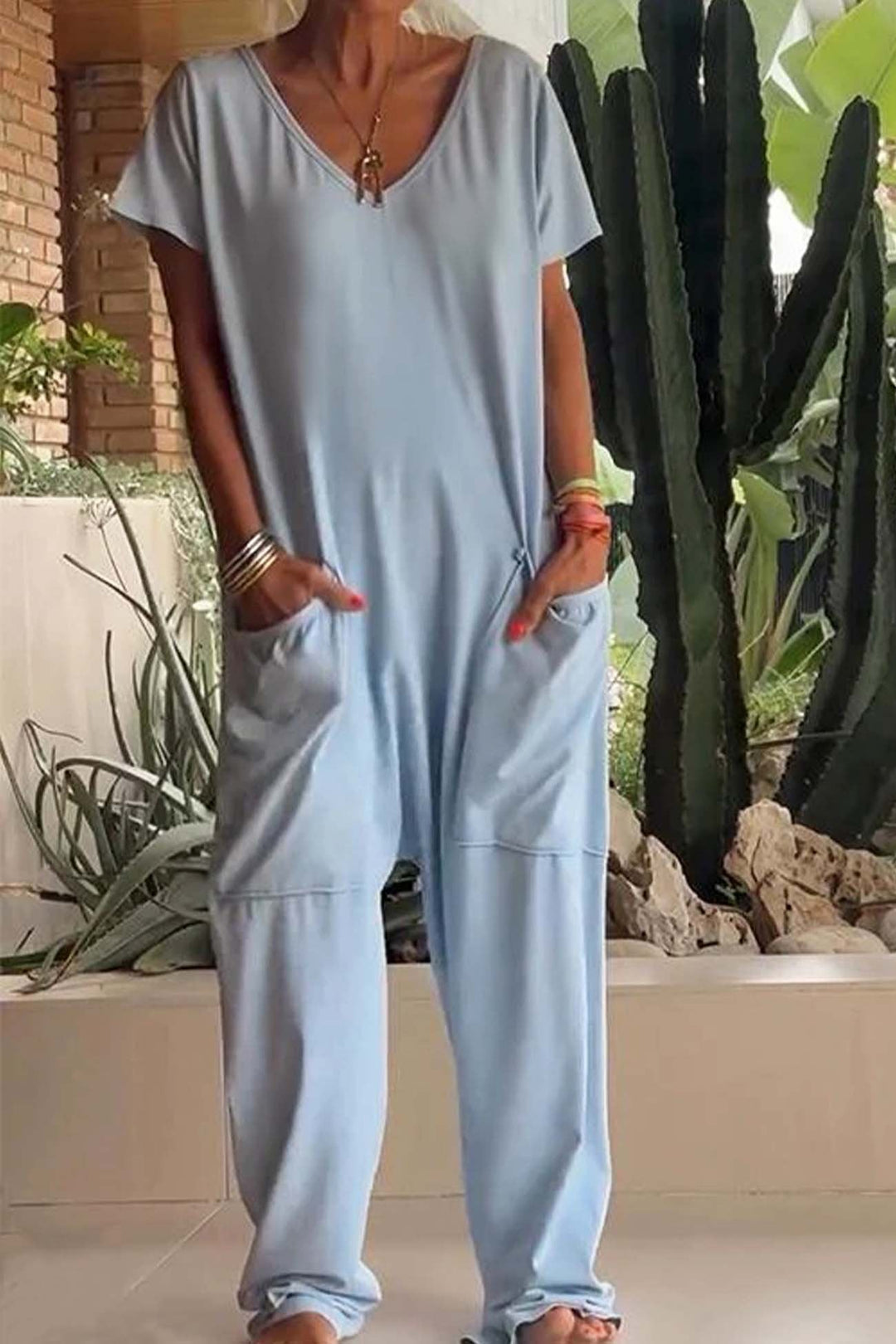 Damski lniany kombinezon | oversized krótki rękaw dekolt v szerokie nogawki