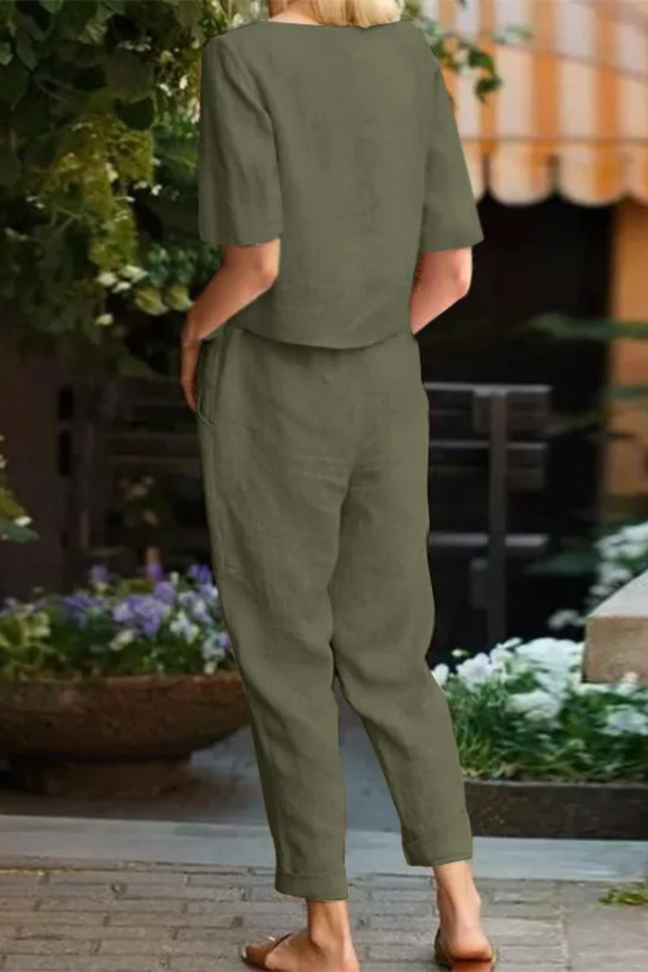 Damski Lniany Komplet Crop Top Z Krótkim Rękawem I Spodnie