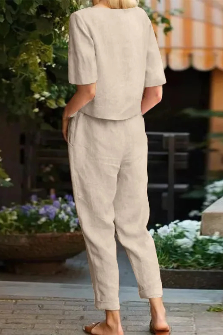 Damski Lniany Komplet Crop Top Z Krótkim Rękawem I Spodnie