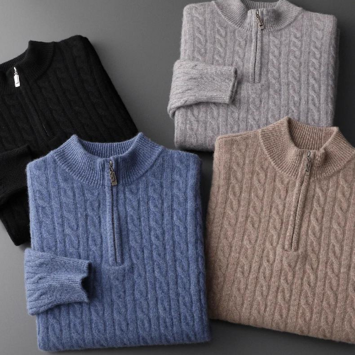 Męski sweter dzianinowy | Splot warkoczowy krótki zamek stójka
