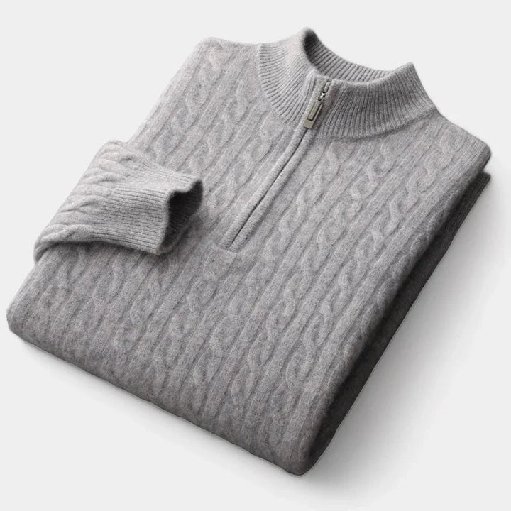 Męski sweter dzianinowy | Splot warkoczowy krótki zamek stójka