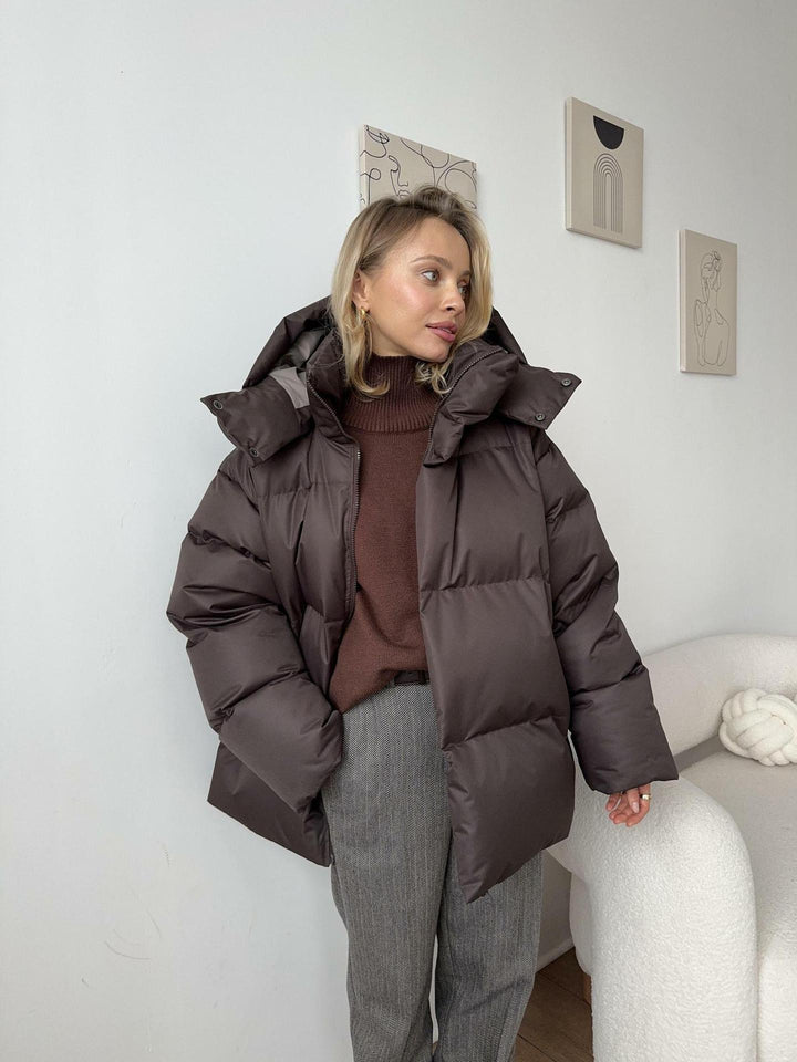 Stylowa kurtka puchowa damska w oversize z kapturem