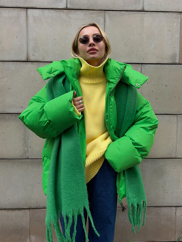 Stylowa kurtka puchowa damska w oversize z kapturem