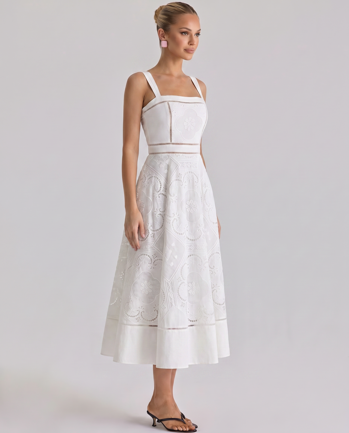 Sukienka midi damska z koronkową spódnicą | broderie anglaise