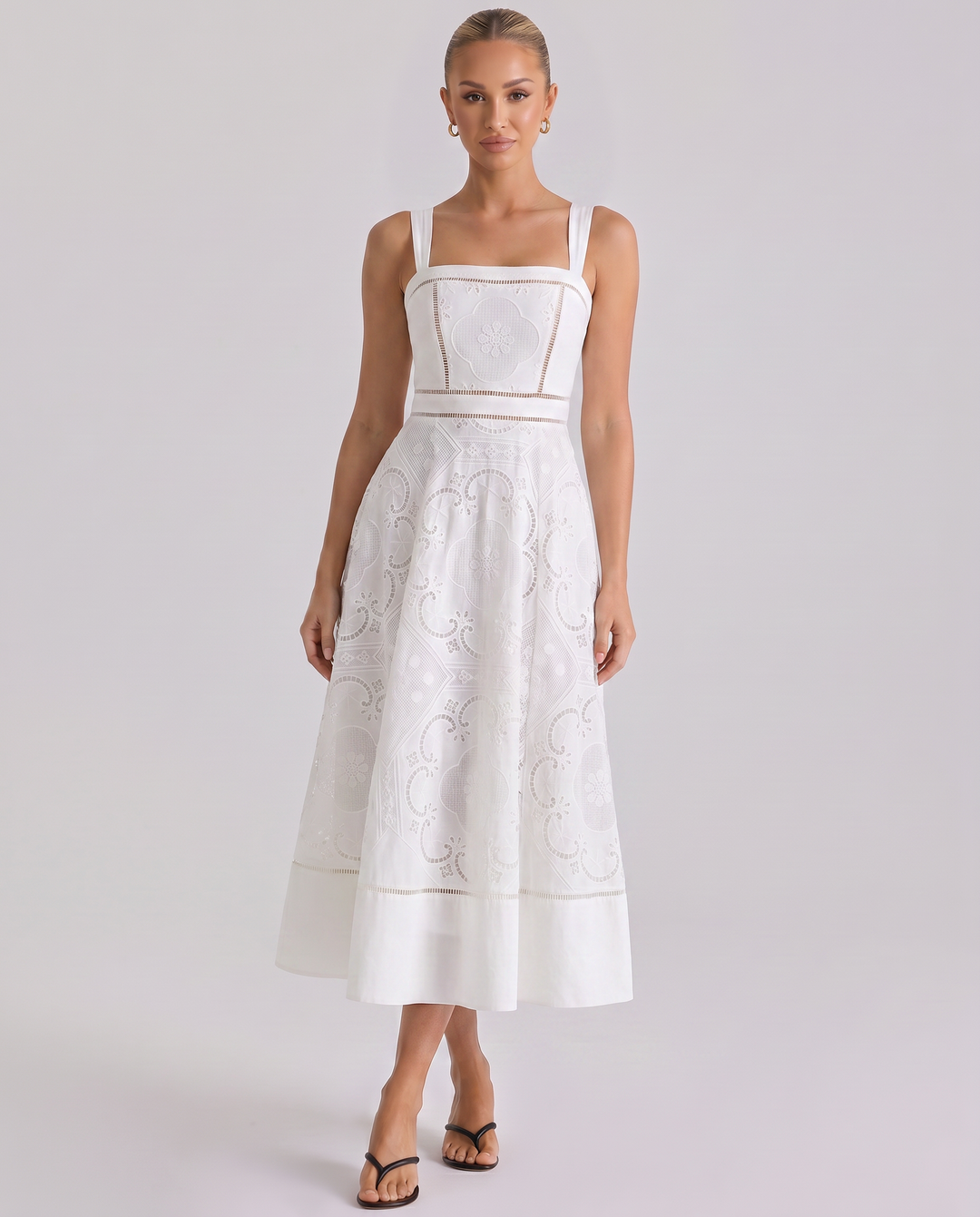 Sukienka midi damska z koronkową spódnicą | broderie anglaise