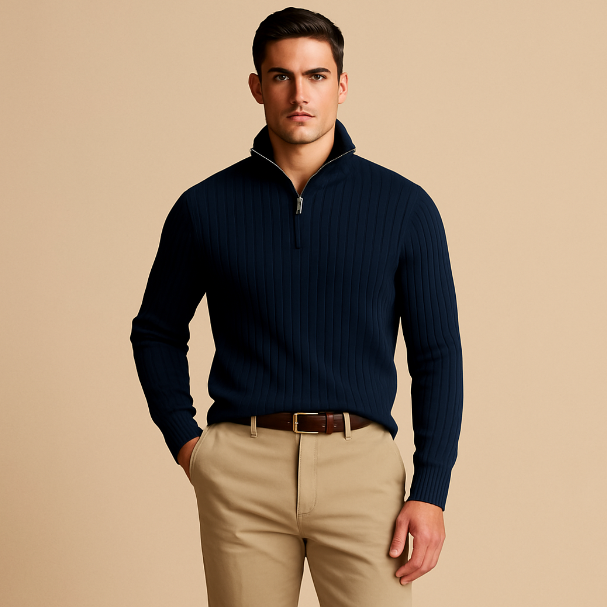 Sweter Męski Ashford Ribbed Half Zip | Klasyczny Półgolf z Zamkiem