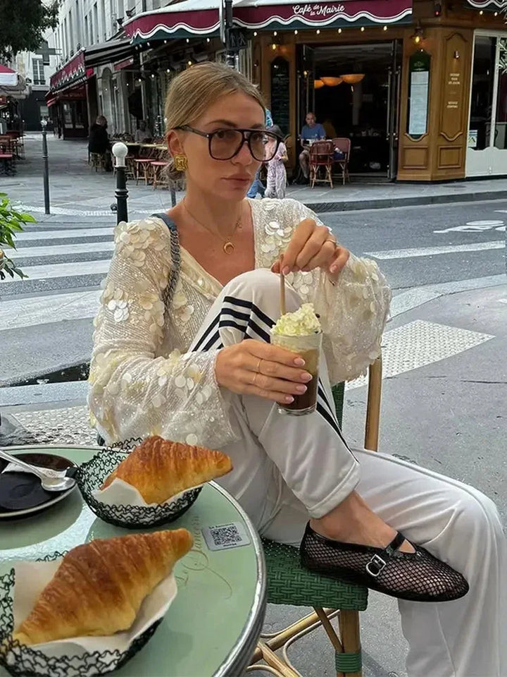 Damska Bluzka Z Cekinami I Dekoltem V