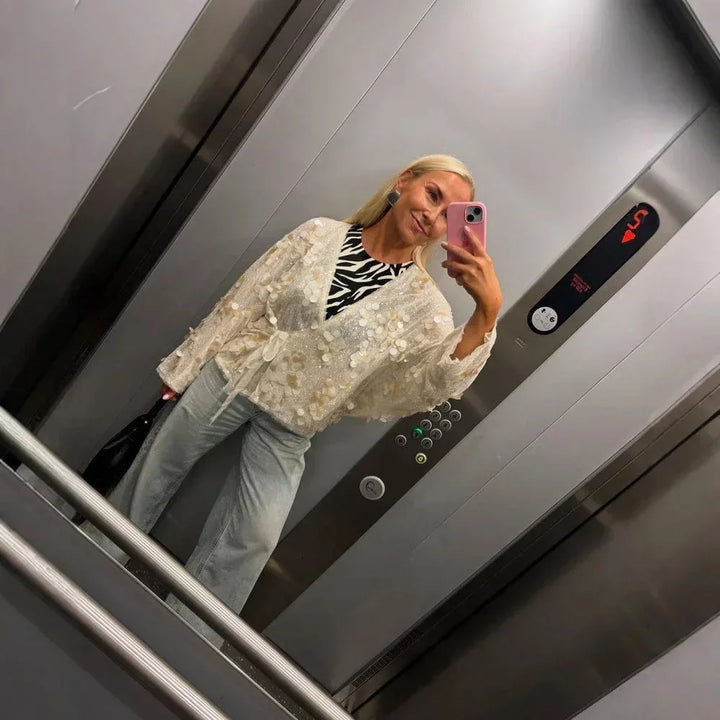 Damska Bluzka Z Cekinami I Dekoltem V