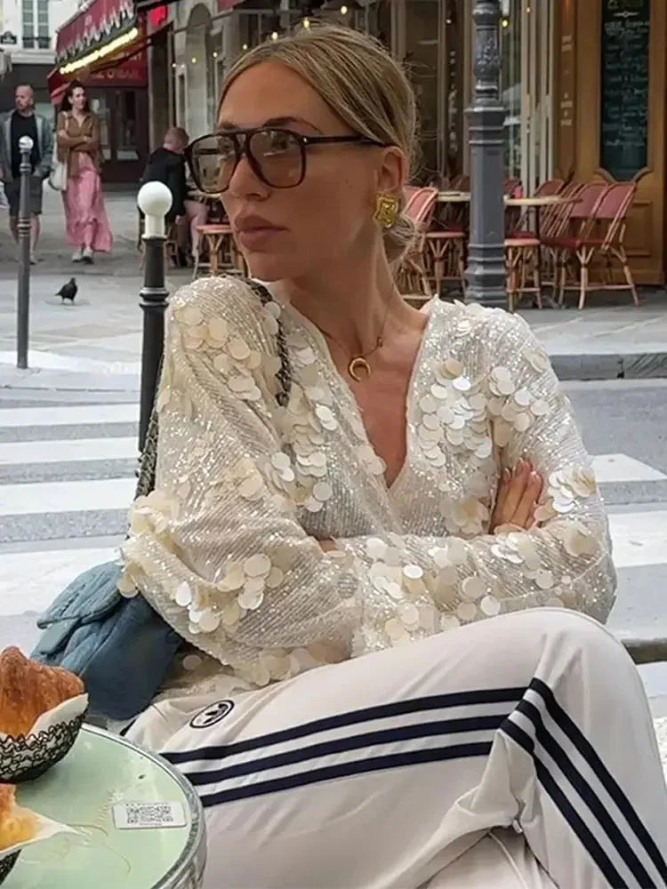 Damska Bluzka Z Cekinami I Dekoltem V