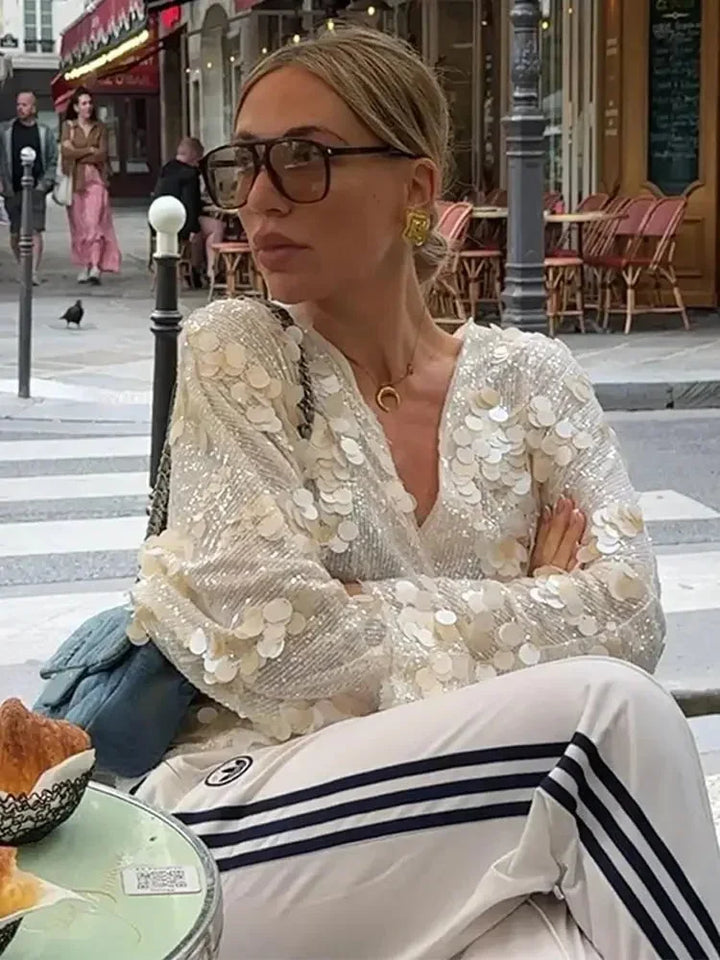 Damska Bluzka Z Cekinami I Dekoltem V